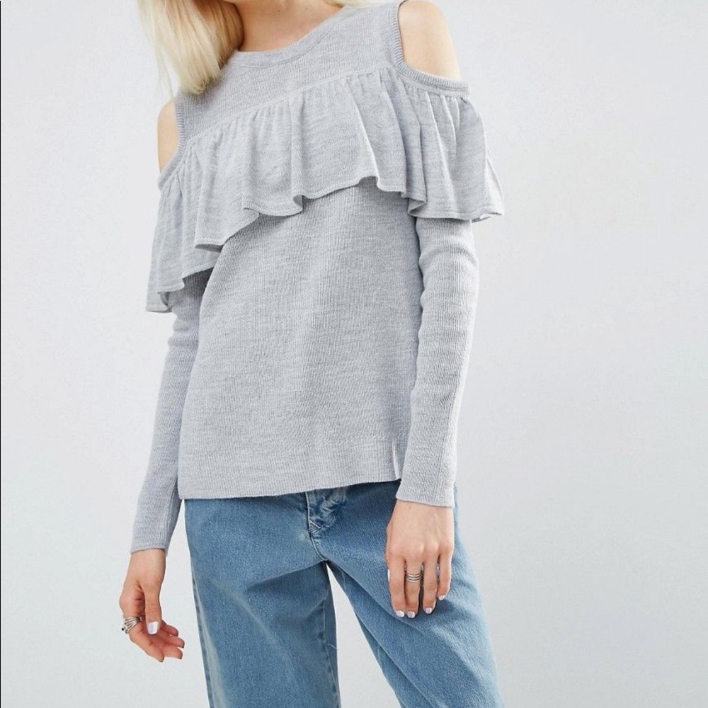 ASOS fine knit sweater with ruffle & open shoulder